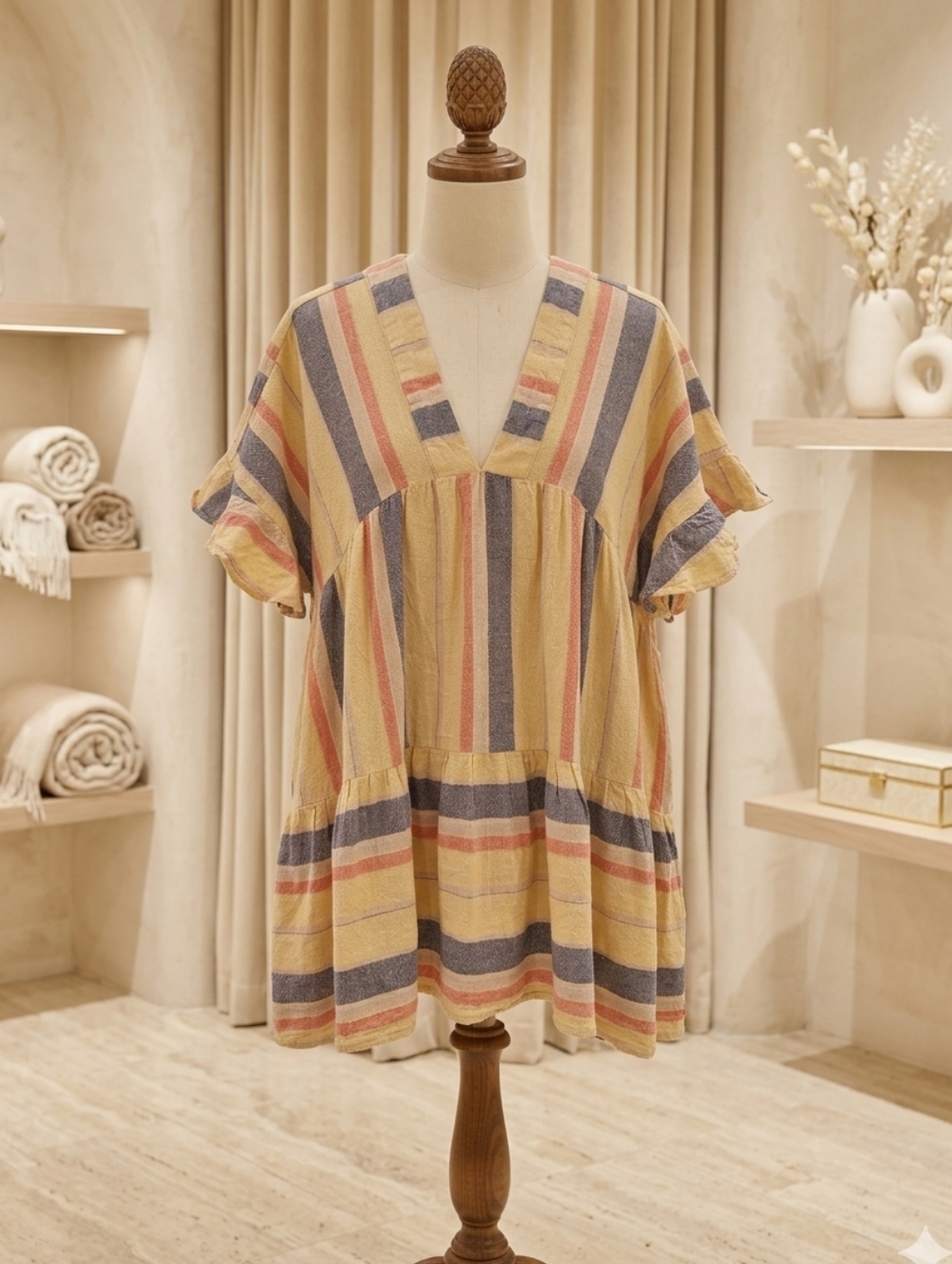 GiGio Medium Boho Oversized Striped Blouse Earthtone V-Neck Tie Back